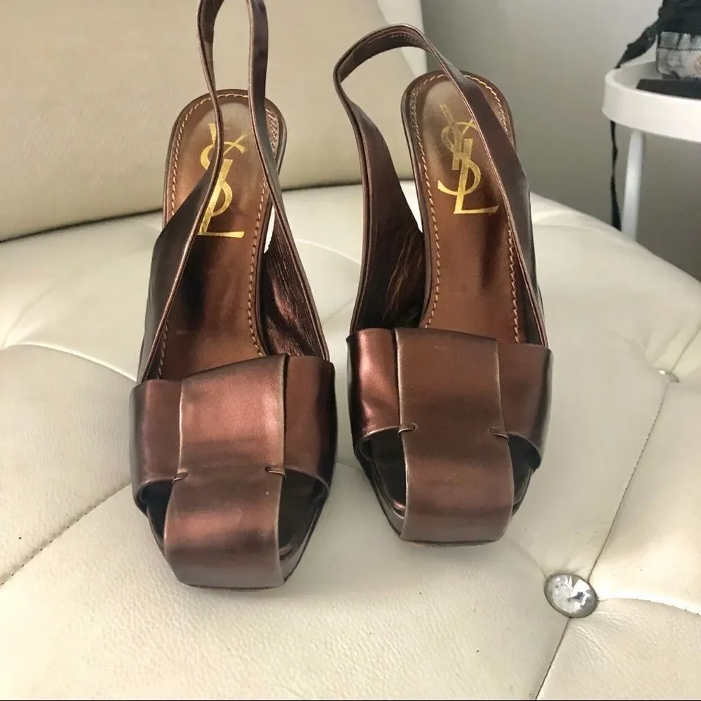 YSL Yves Saint Laurent metallic woven heels 61/2